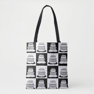 Black White Cake Chequered Block Print Tote Bag