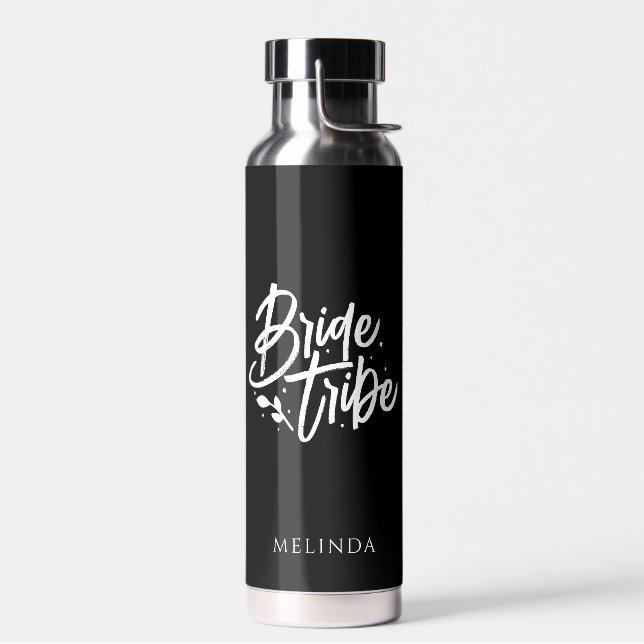 Black White Calligraphy Bride Tribe Bachelorette Water Bottle (Left)