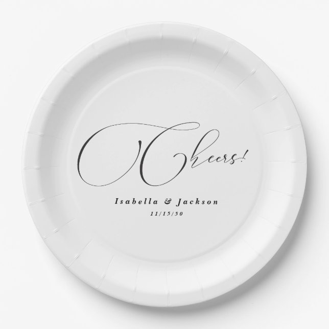 Black & White Calligraphy Formal Chic Wedding Paper Plate (Front)