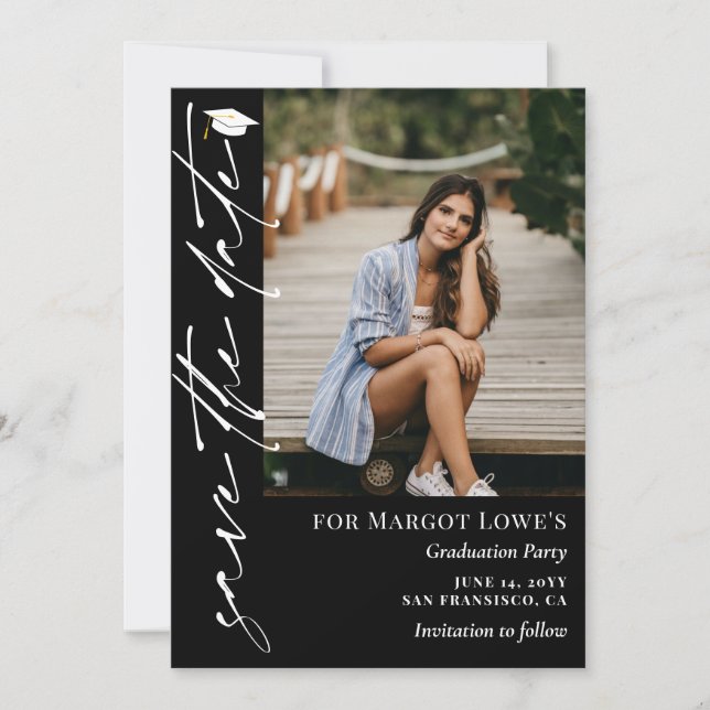 Black White Calligraphy Graduation Save The Date (Front)