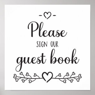 Black White Calligraphy Hearts Wedding Guest Book