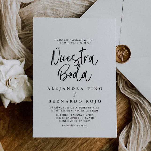 Black White Calligraphy Nuestra Boda Wedding Invitation (Creator Uploaded)