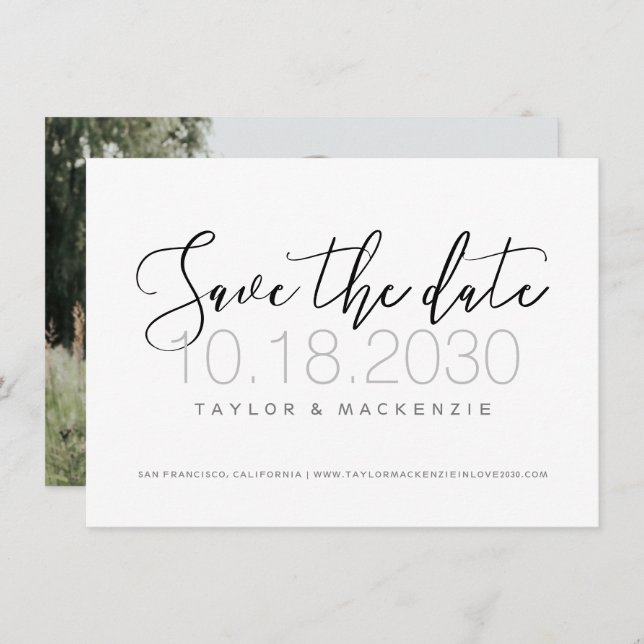 Black & White Calligraphy Photo Save the Date Card (Front/Back)