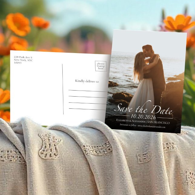 Black & White Calligraphy Photo Save the Date Postcard (Creator Uploaded)