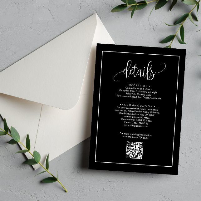 Black & White Calligraphy QR Code Wedding Details Enclosure Card (Black and white calligraphy QR code details card shares info elegantly with ease)