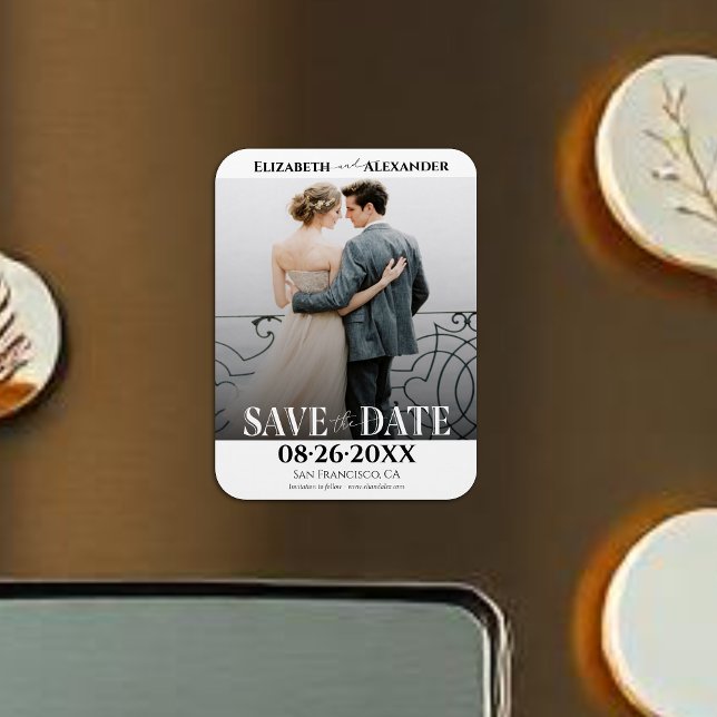 Black & White Calligraphy Save the Date Photo Magnet (Creator Uploaded)