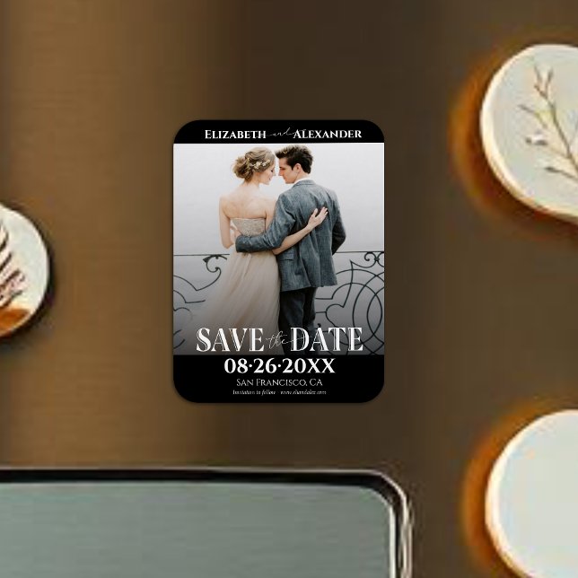Black & White Calligraphy Save the Date Photo Magnet (Creator Uploaded)