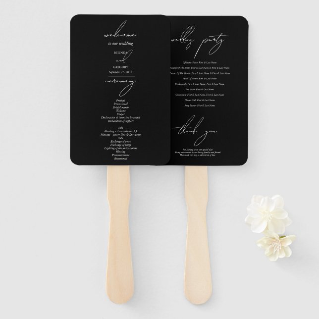 Black & White Calligraphy Signature Script Wedding Hand Fan (Front and Back)