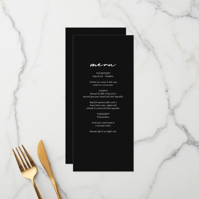Black & White Calligraphy Signature Script Wedding Menu (Front/Back In Situ)