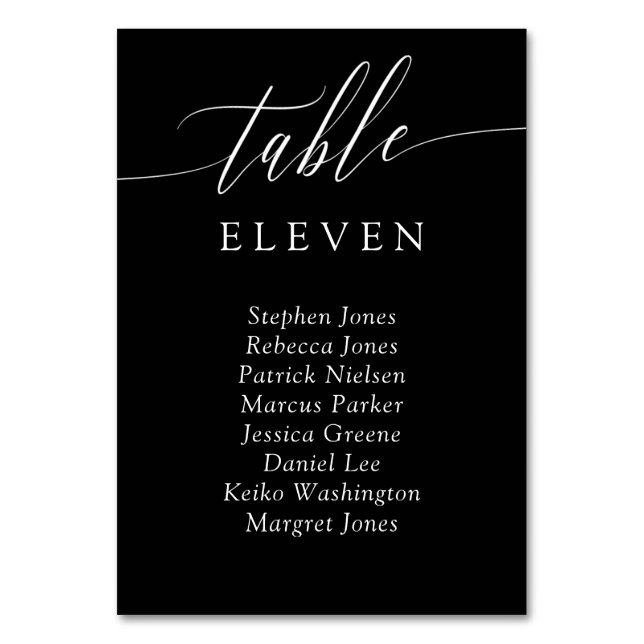 Black White Calligraphy Table Number Guest Names (Front)