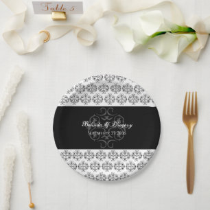 Black & White Calligraphy Vintage Damask Wedding Paper Plate