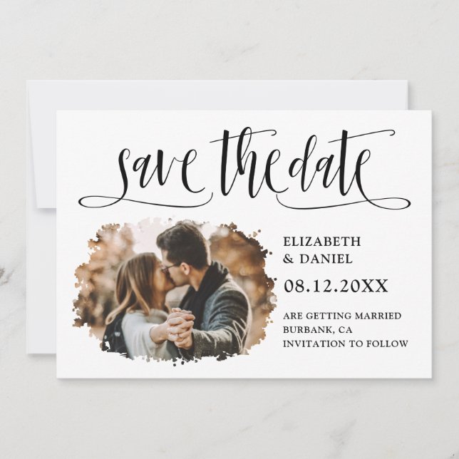 Black White Calligraphy Wedding 2 Splatter Photo Save The Date (Front)