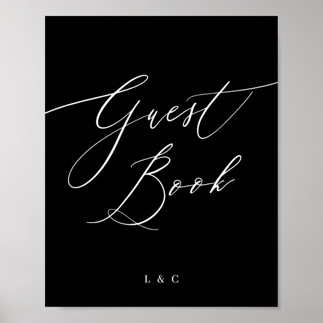 Black White Calligraphy Wedding Guest Book Sign (Front)