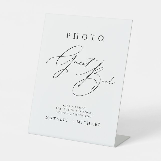 Black & White Calligraphy Wedding Photo Guestbook Pedestal Sign (Front)