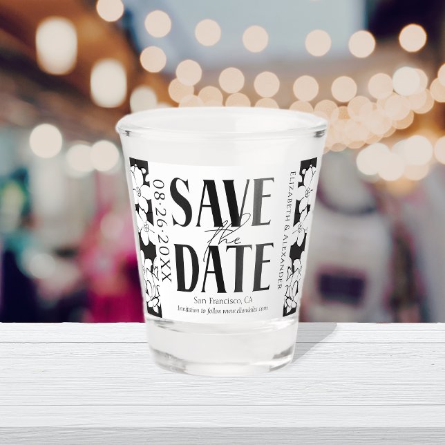 Black & White Calligraphy Wedding Save the Date Shot Glass (Creator Uploaded)
