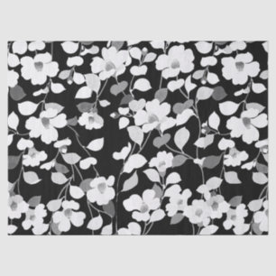 BLACK WHITE CAMELLIAS, LEAVES Dark Floral Tissue Paper
