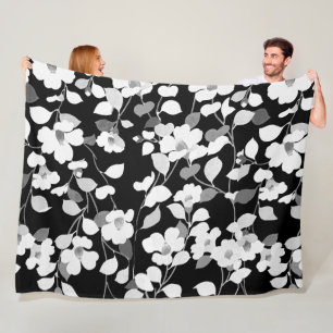 BLACK WHITE CAMELLIAS, LEAVES,FOLIAGE, Dark Floral Fleece Blanket