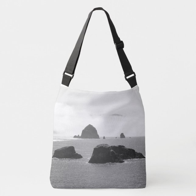 Black & White Cannon Beach Sea Stacks Large Crossbody Bag (Front)
