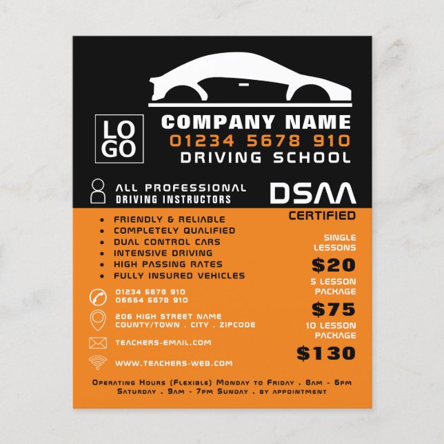 Black & White Car Logo, Driving School, Instructor Flyer (Front)