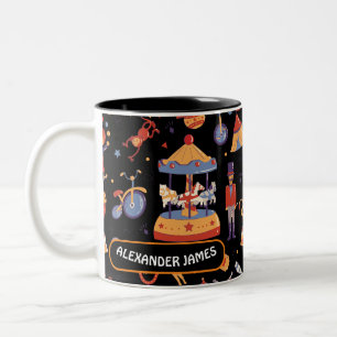 Black White Carnival Kids Birthday Circus Pattern Two-Tone Coffee Mug