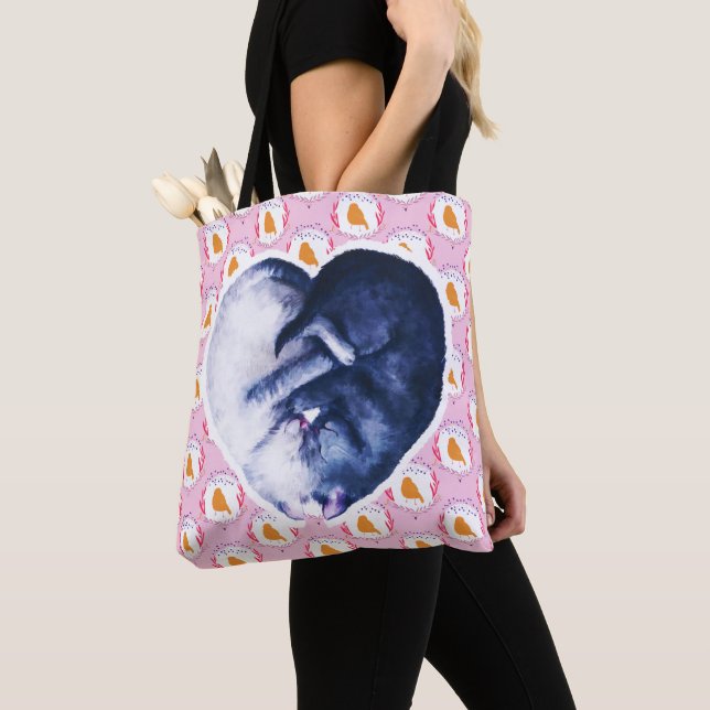 Black White Cat Bird Love Watercolor Tote Bag (Close Up)