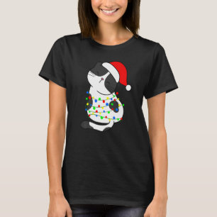 Black White Cat Christmas Tree Lights Santa Hat Ca T-Shirt