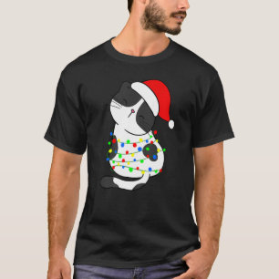 Black White Cat Christmas Tree Lights Santa Hat Ca T-Shirt