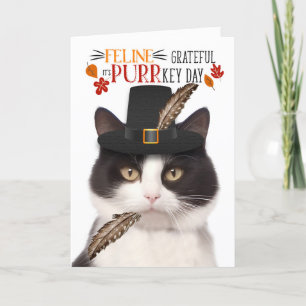 Black White Cat Feline Grateful for PURRkey Day Holiday Card