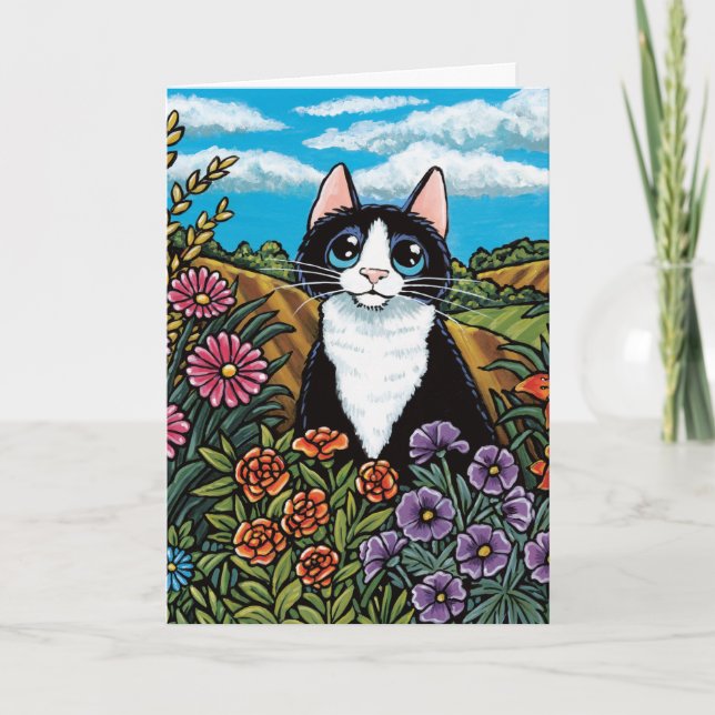 Black & White Cat Flower Field Meadow Card (Front)