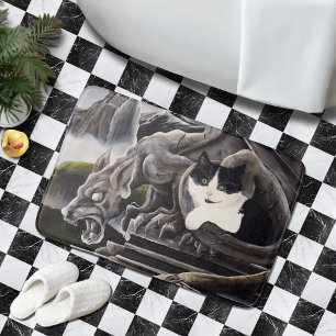 Black White Cat Gargoyle Bath Mat