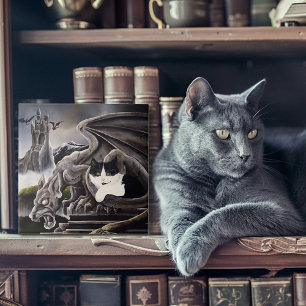 Black White Cat Gargoyle Ceramic Tile