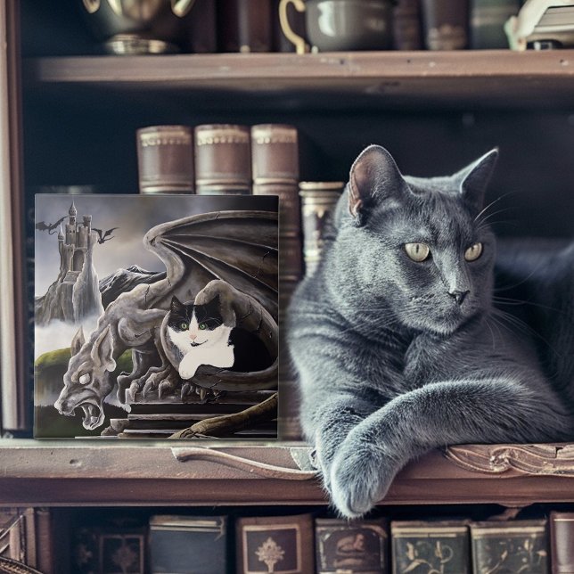 Black White Cat Gargoyle Ceramic Tile (Creator Uploaded)