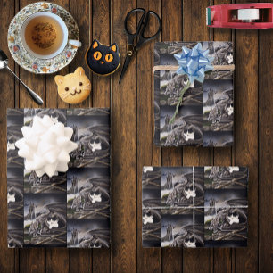 Black White Cat Gargoyle Wrapping Paper Sheet
