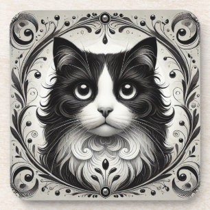 🐱 Black & White Cat Glow ❄️ Elegant Portrait Coaster
