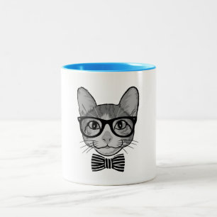 Black White Cat Hipster with Bow Tie Two-Tone Coffee Mug