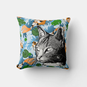 Black & White Cat & Japanese Koi Fish Cushion