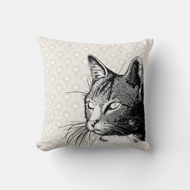 Black & White Cat & Japanese Waves in Beige Cushion (Front)