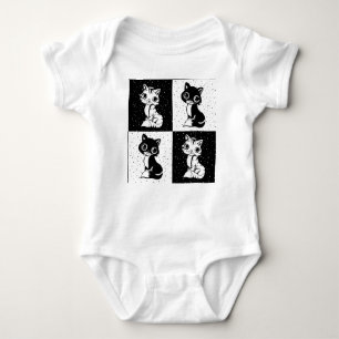 Black White Cat Monogram Block Print Baby Bodysuit
