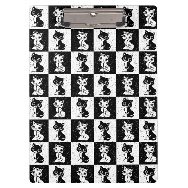 Black White  Cat Monogram Block Print Clipboard (Front)