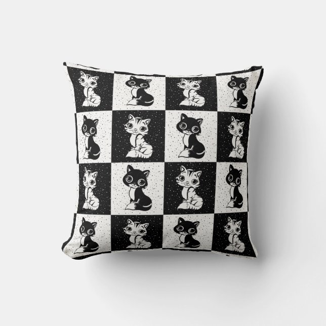 Black White  Cat Monogram Block Print Cushion (Front)