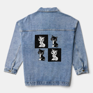 Black White Cat Monogram Block Print Denim Jacket