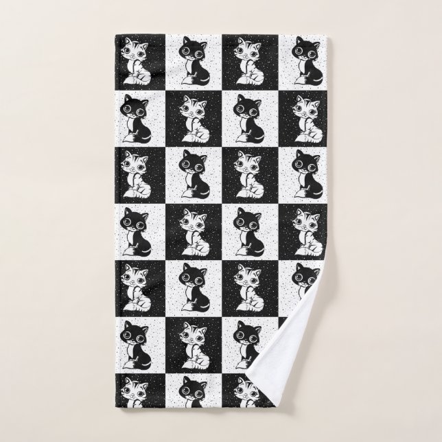 Black White  Cat Monogram Block Print Hand Towel (Hand Towel)
