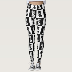 Black White Cat Monogram Block Print Leggings