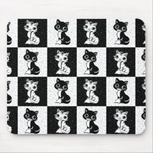 Black White  Cat Monogram Block Print Mouse Pad