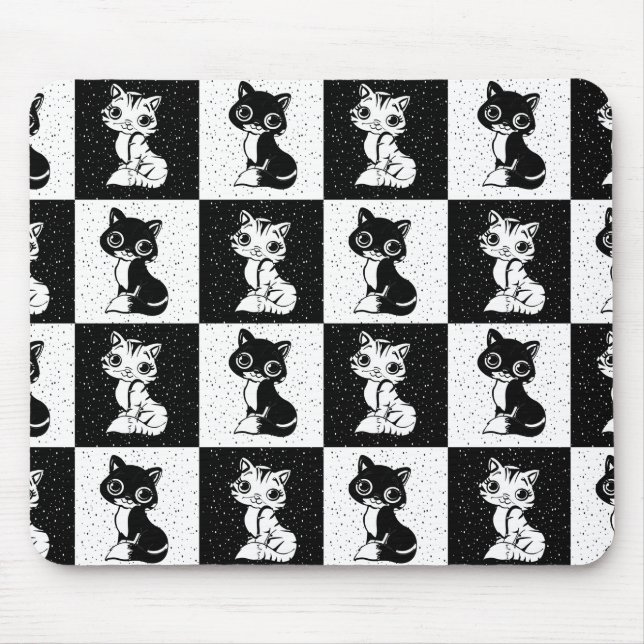 Black White  Cat Monogram Block Print Mouse Pad (Front)