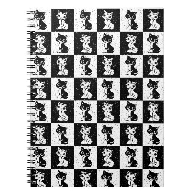 Black White  Cat Monogram Block Print Notebook (Front)
