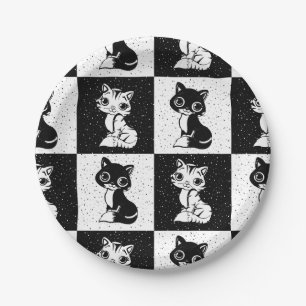 Black White Cat Monogram Block Print Paper Plate