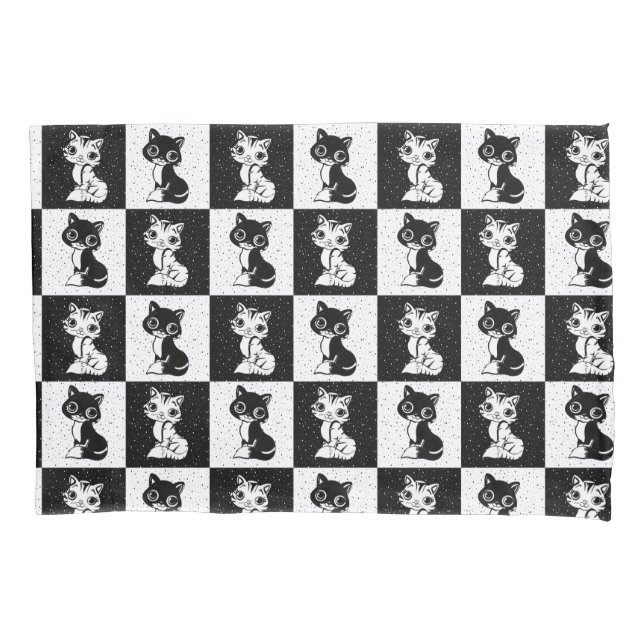 Black White  Cat Monogram Block Print Pillowcase (Front)