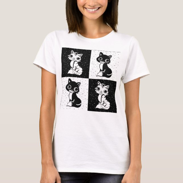 Black White  Cat Monogram Block Print T-Shirt (Front)