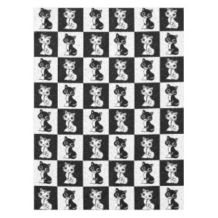 Black White Cat Monogram Block Print Tablecloth